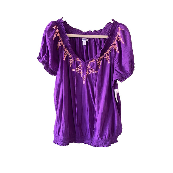 Old Navy Shirt Womens Size XL NEW Purple Cotton Gauzey Embroidered Boho Peasant - Picture 2 of 7